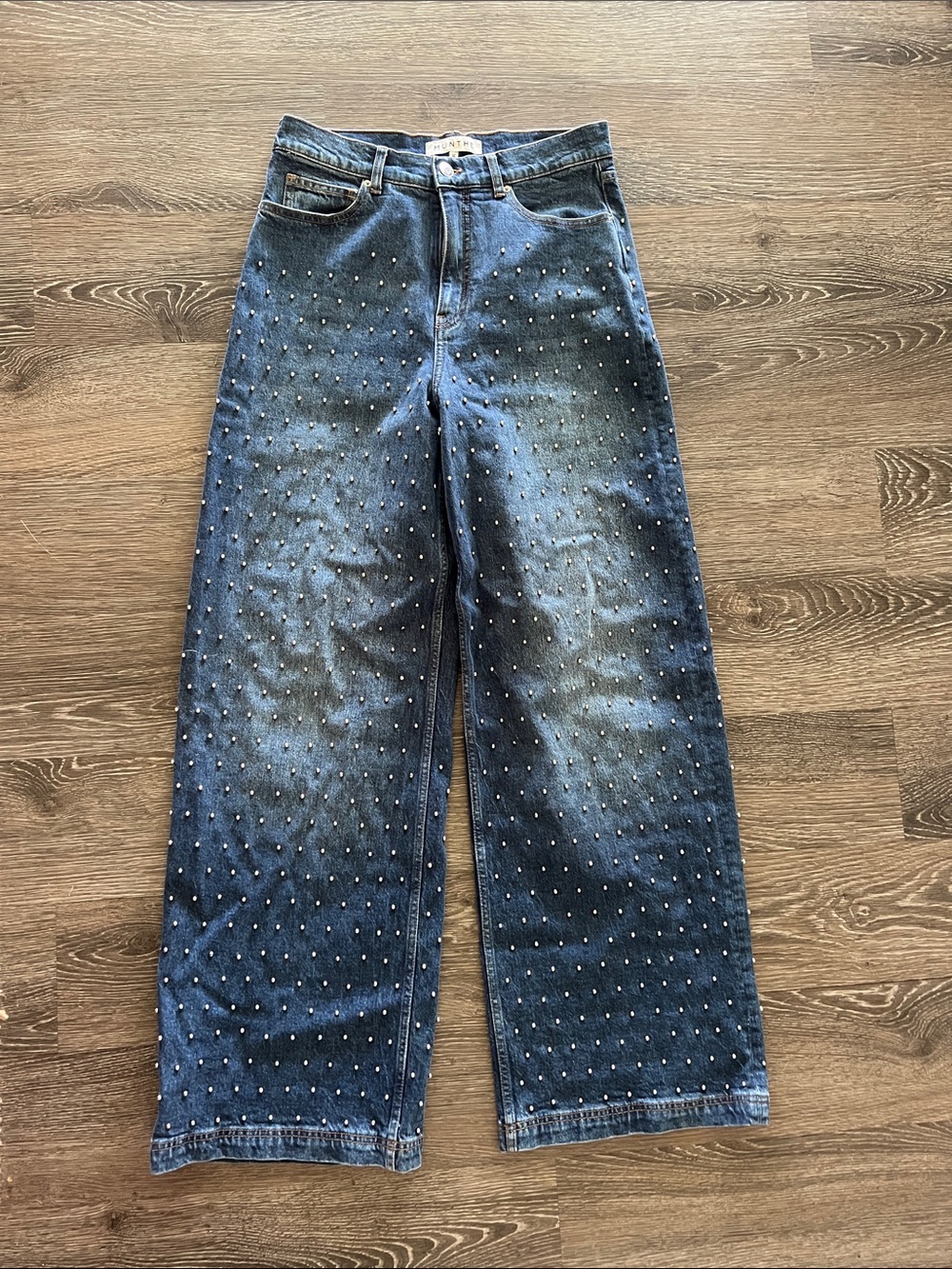 Women's Dark Blue Studded Wide-Leg Jeans